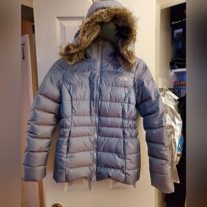 The North Face Women's Light Blue Puffer Coat with Faux Fur Hood